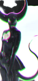 Futuristic neon villain with horns and tail, in artistic mobile wallpaper.