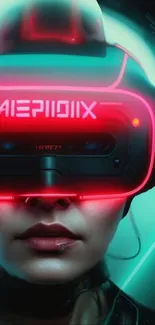 A futuristic neon-lit VR headset on a person.