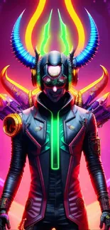 Futuristic neon warrior with glowing horns and vibrant colors.