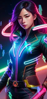 Futuristic neon warrior with vibrant colors and cyber aesthetic design.