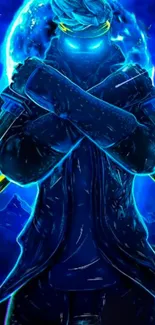 Futuristic neon warrior with crossed arms, glowing blue.