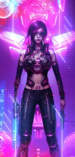 Futuristic neon-clad female warrior in cyberpunk art style.