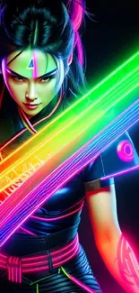 Futuristic female warrior with neon lights and colors on a black background.