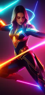 Neon-clad futuristic warrior in action pose with vibrant colors.