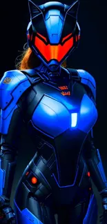 Futuristic neon warrior in blue armor on dark background with vibrant colors.