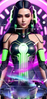 Futuristic neon warrior with vibrant colors.