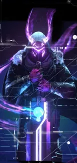 Futuristic neon warrior with purple hues radiating in a sci-fi setting.