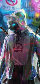 Futuristic neon warrior in rain with swords, vibrant city lights.