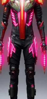 Futuristic neon warrior with tech armor and glowing weapons on mobile wallpaper.