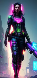 Futuristic neon cyberpunk warrior in colorful cityscape.