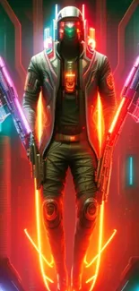 Futuristic neon warrior in vibrant colors and cyberpunk style, perfect for mobile.