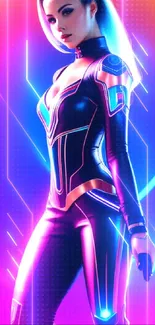 Futuristic warrior in neon pink and blue sci-fi mobile wallpaper.