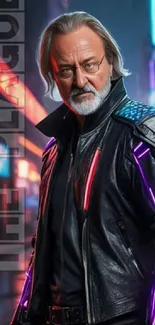 A futuristic warrior in neon attire with vibrant purple and blue lighting.