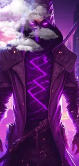 Neon warrior in purple aura with futuristic city backdrop.