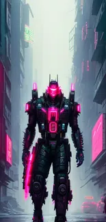 Futuristic warrior in neon-lit cityscape with vibrant pink highlights.