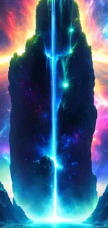 Futuristic neon waterfall in cosmic landscape with vibrant colors.