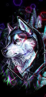 Futuristic neon wolf art with vibrant colors on a black background.