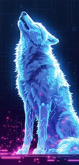 Futuristic neon-furred wolf howling in cyber landscape.
