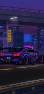 Futuristic car driving through a neon-lit cityscape at night.