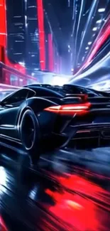 Sleek futuristic car racing through neon-lit city at night.