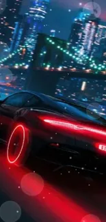 Futuristic car with neon lights in vibrant cityscape