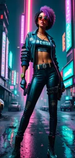 Cyberpunk-inspired design with neon lights and futuristic fashion in a night city scene.