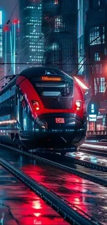 Futuristic train in neon-lit cityscape at night.