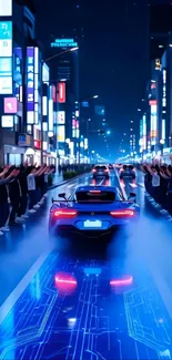 Futuristic cityscape with neon lights and a sleek car at night.