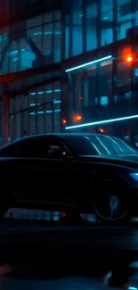 Futuristic cityscape with neon lights and a sleek car at night.