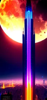 Futuristic skyscraper under a glowing full moon with vibrant neon colors.