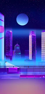 Futuristic cityscape with neon lights and starry night sky.