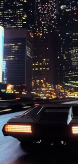 Futuristic cityscape with neon lights and sleek car at night.