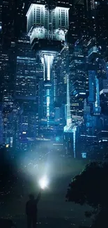 Futuristic cityscape at night with silhouette and neon blue tones.