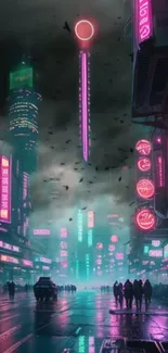 Futuristic cityscape with neon lights and fog.