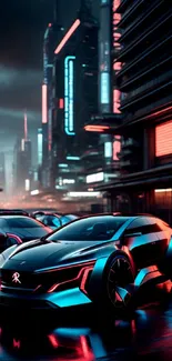 Futuristic car in neon-lit cityscape at night.