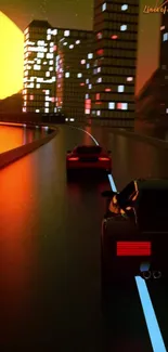 Futuristic city night drive with neon lights and stylish cars.