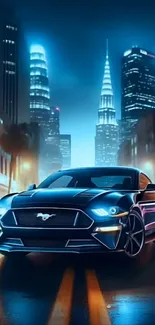 Futuristic car driving through a lively cityscape at night with vibrant lights.