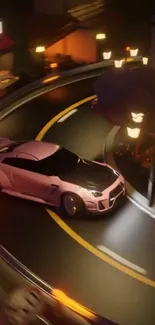 Sleek car on a futuristic city road at night.
