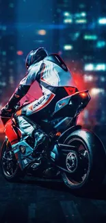 Motorcyclist in futuristic city at night, glowing in blue and red hues.