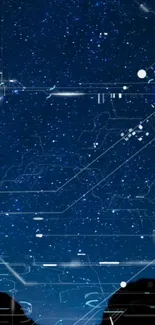 Futuristic night sky wallpaper with digital networks in deep blue hues.