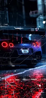 Futuristic sports car under neon lights in a cyberpunk city street scene.