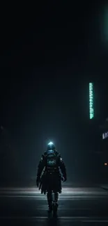 Lone figure walks through a futuristic city at night.