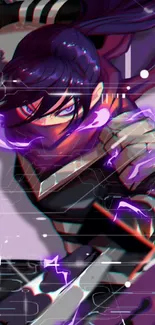 Futuristic anime ninja with purple highlights in dynamic action pose.