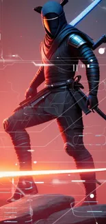 Futuristic ninja warrior with sword on vibrant red-orange background.