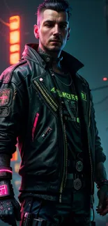 Futuristic cyberpunk character with neon accents and cityscape background.