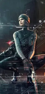 Futuristic noir scene with a cyberpunk female hero.