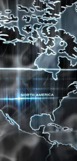 Futuristic digital map of North America in sleek black and blue aesthetics.