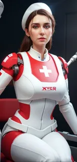 Futuristic nurse android in a sci-fi lab setting.