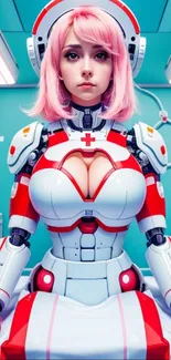 Futuristic nurse android in a vibrant sci-fi setting with intricate details.