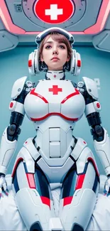 Futuristic robot nurse sitting in a high-tech room with medical design.